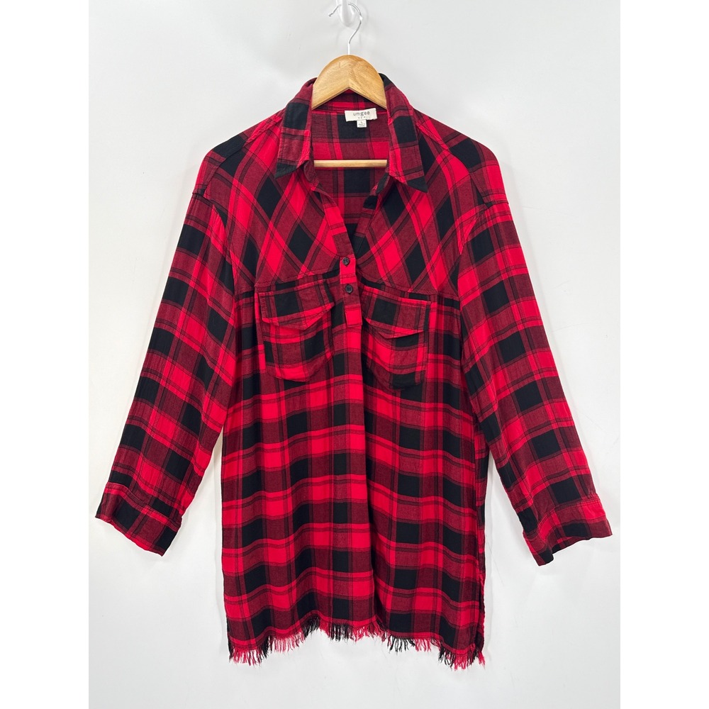 Umgee USA L Buffalo Plaid Tunic Shirt Fringe Hem Grunge Boho Western Lumberjack